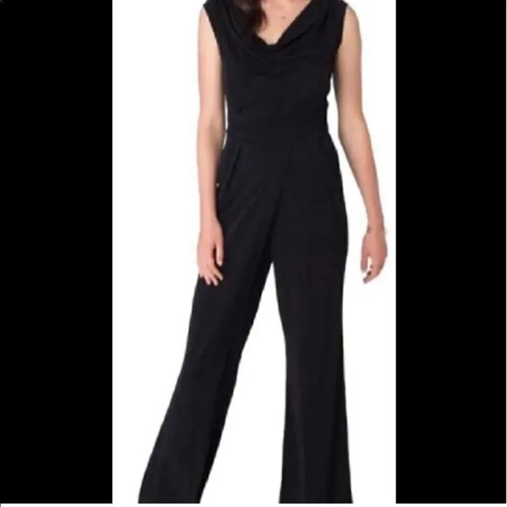 Beige by ECI Woman Black Drape Neck Pantsuit